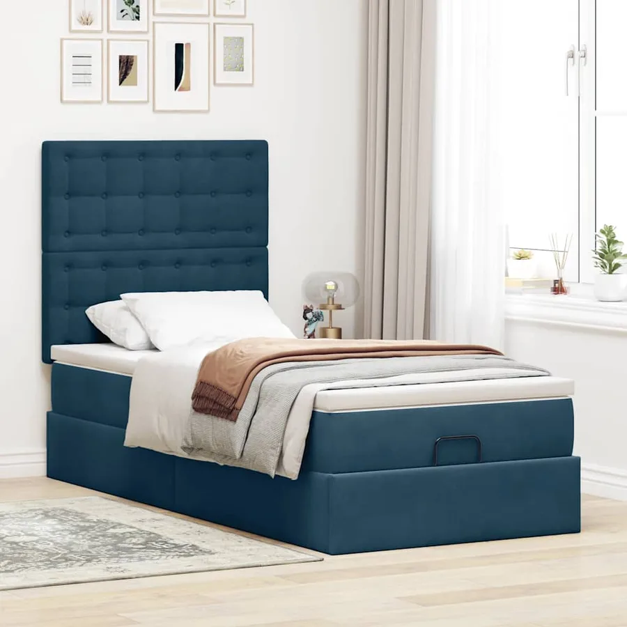 Cadre de lit ottoman avec matelas bleu foncé 90x190 cm velours - 4