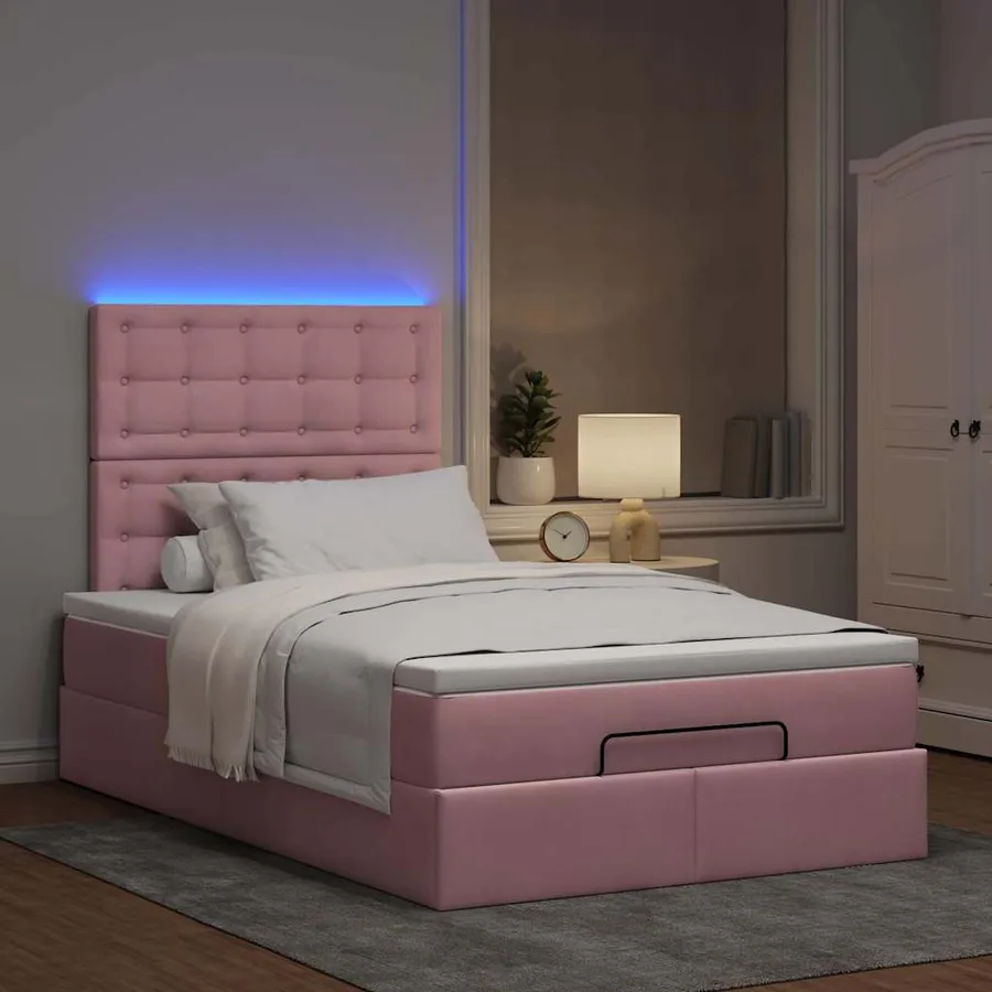 Cadre de lit ottoman avec matelas rose 120x190 cm velours - 3