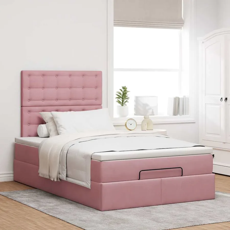 Cadre de lit ottoman avec matelas rose 120x190 cm velours - 4