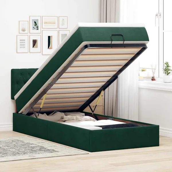 Cadre de lit ottoman avec matelas vert foncé 90x190 cm velours