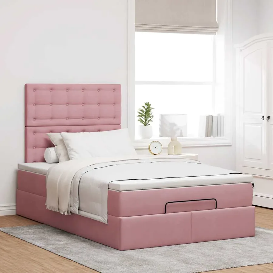 Cadre de lit ottoman avec matelas rose 120x190 cm velours - 3