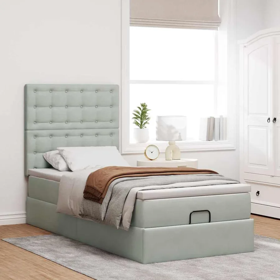 Cadre de lit ottoman et matelas gris clair 90x200 cm velours - 3