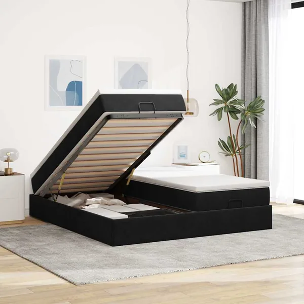 Cadre de lit ottoman avec matelas noir 160x200 cm velours