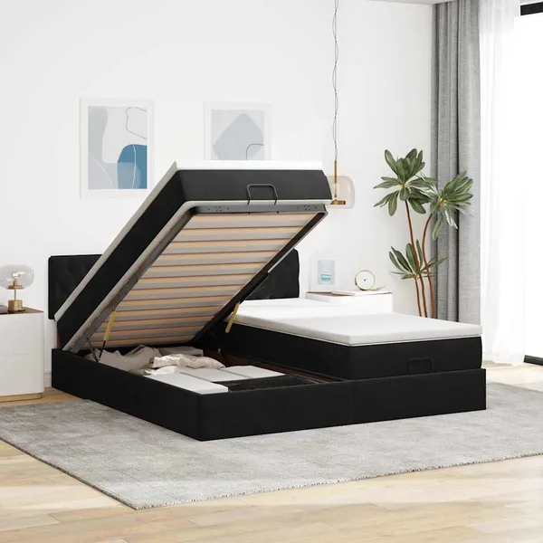 Cadre de lit ottoman avec matelas noir 160x200 cm velours