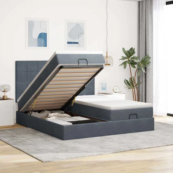 Cadre de lit ottoman avec matelas gris foncé 160x200cm velours