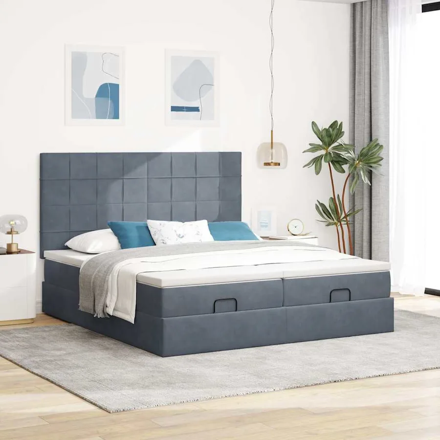 Cadre de lit ottoman avec matelas gris foncé 160x200cm velours - 3