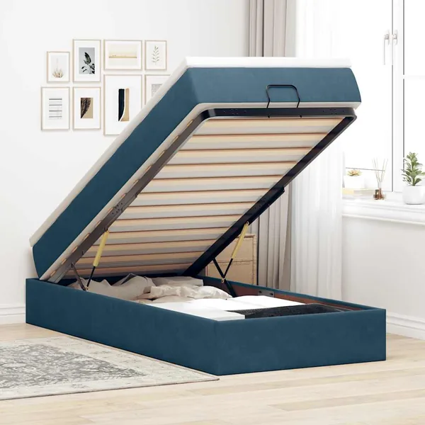 Cadre de lit ottoman avec matelas bleu foncé 80x200 cm velours