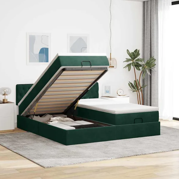 Cadre de lit ottoman avec matelas vert foncé 160x200 cm velours