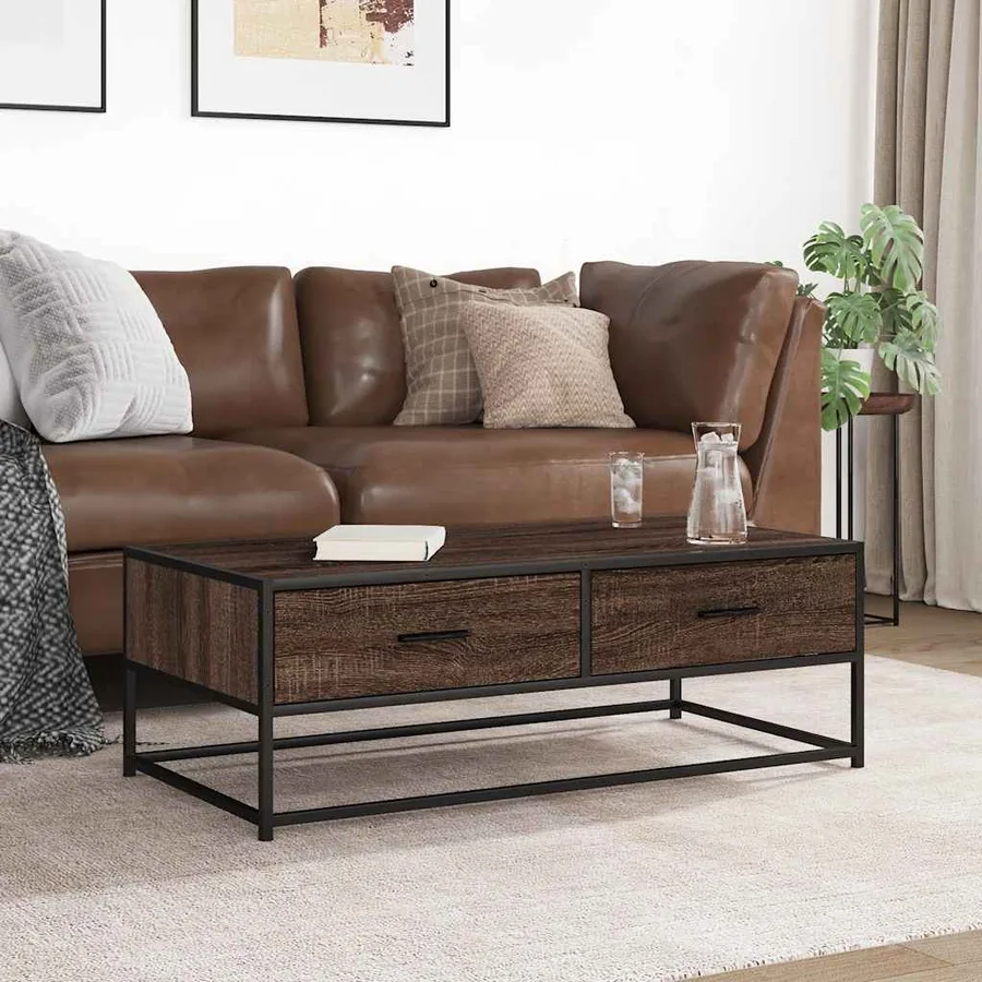 Table basse chêne marron 100x50x35cm bois d'ingénierie et métal - 3