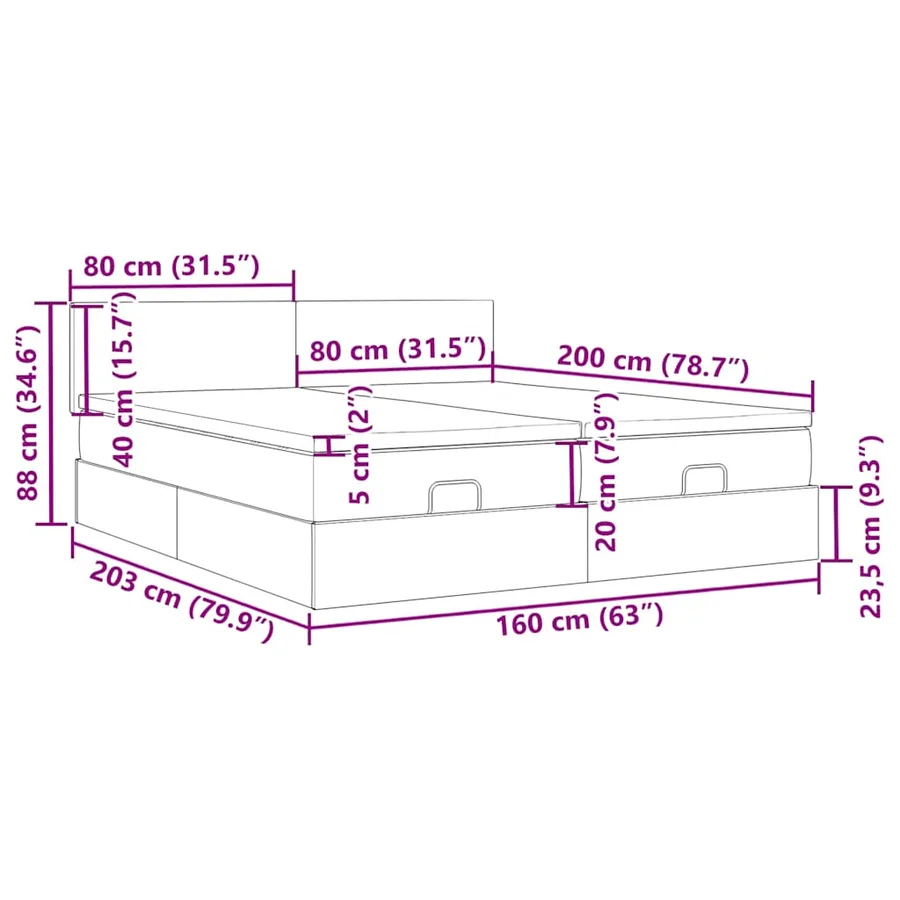 Cadre de lit ottoman avec matelas noir 160x200 cm tissu - 18