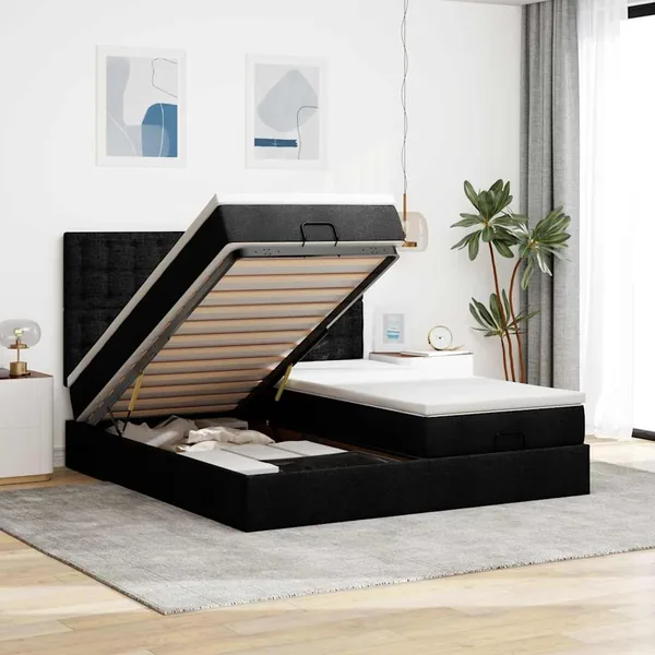 Cadre de lit ottoman avec matelas noir 160x200 cm tissu