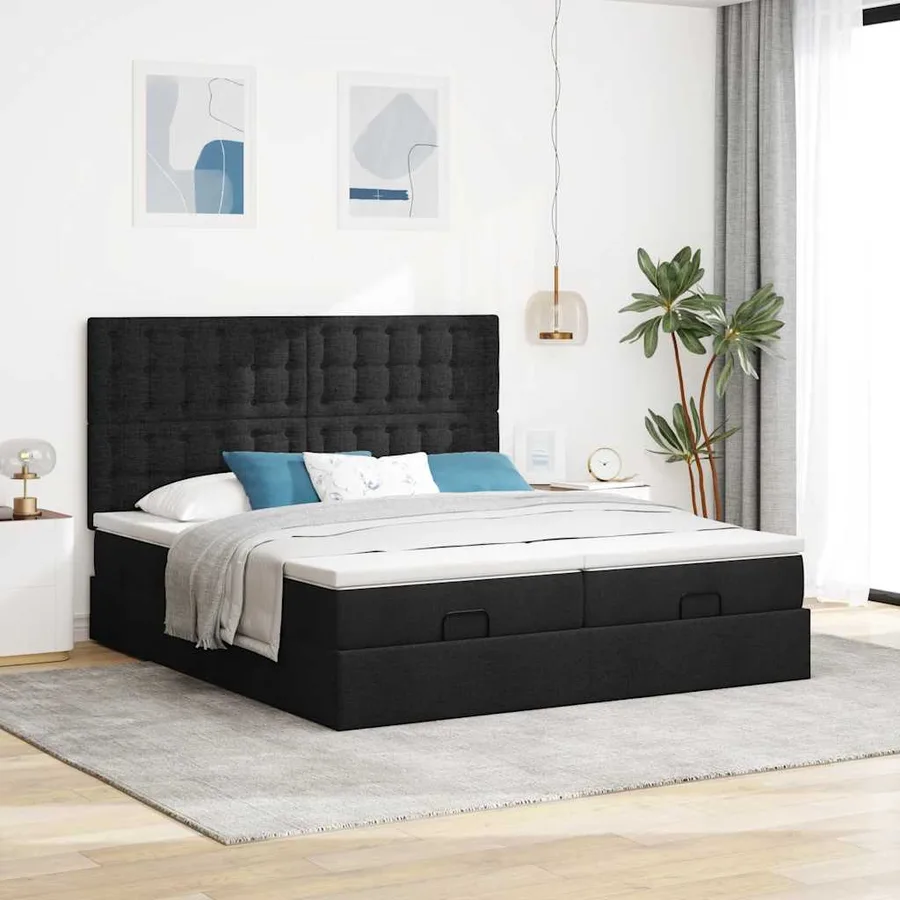 Cadre de lit ottoman avec matelas noir 160x200 cm tissu - 3