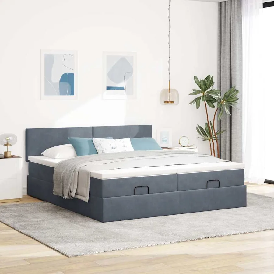 Cadre de lit ottoman avec matelas gris foncé 180x200cm velours - 4