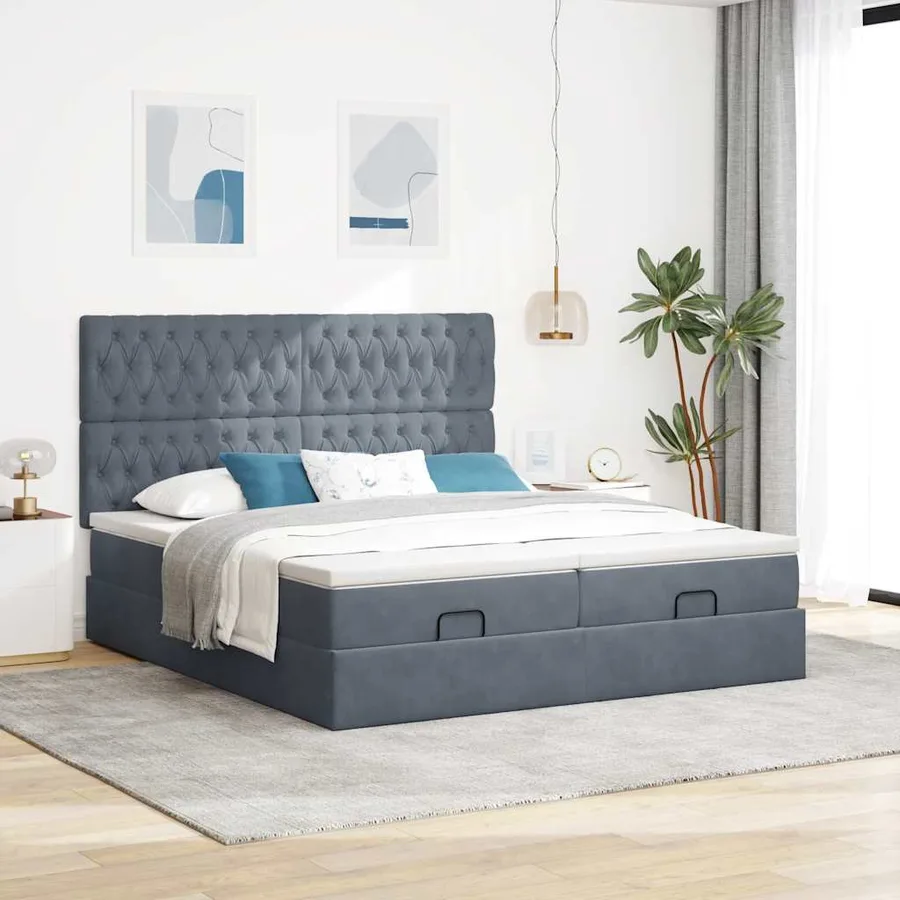Cadre de lit ottoman avec matelas gris foncé 180x200cm velours - 4