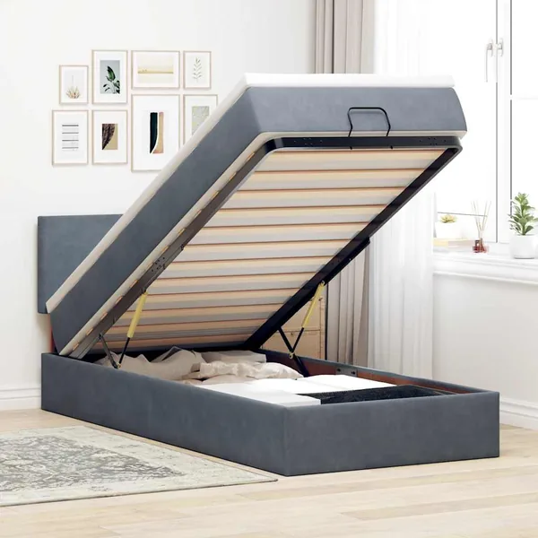 Cadre de lit ottoman et matelas gris foncé 90x200 cm velours