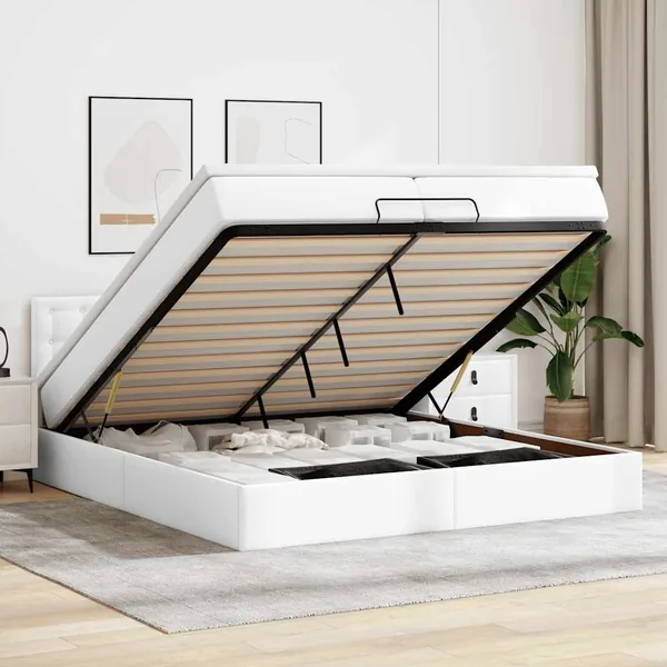 Cadre de lit ottoman et matelas blanc pur 200x200cm similicuir