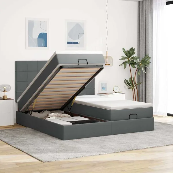 Cadre de lit ottoman avec matelas gris foncé 160x200cm tissu