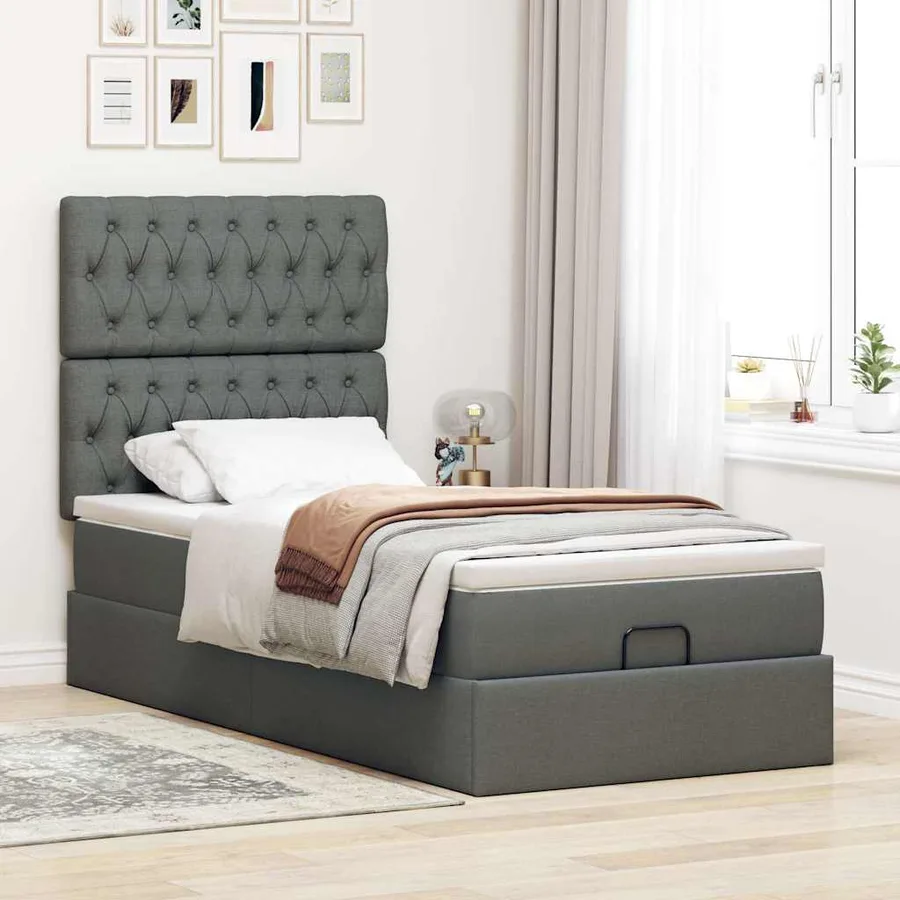 Cadre de lit ottoman avec matelas gris foncé 80x200 cm tissu - 3