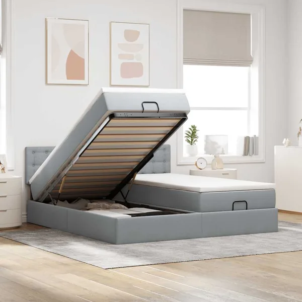 Cadre de lit ottoman et matelas gris clair 160x200cm tissu