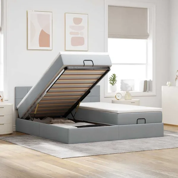 Cadre de lit ottoman et matelas gris clair 160x200cm tissu