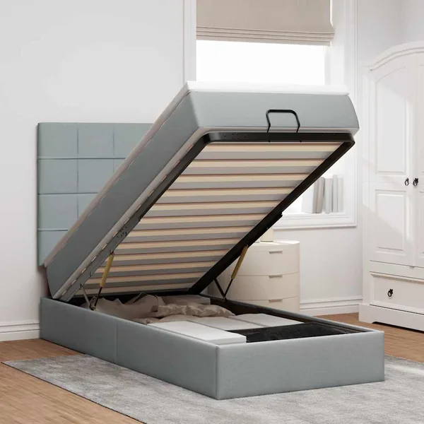 Lit ottoman avec matelas et LED Gris clair 80x200cm tissu