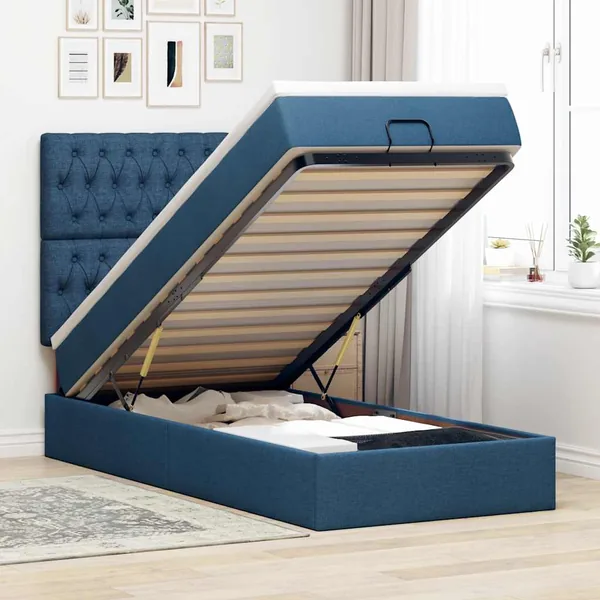 Cadre de lit ottoman avec matelas bleu 90x190 cm tissu
