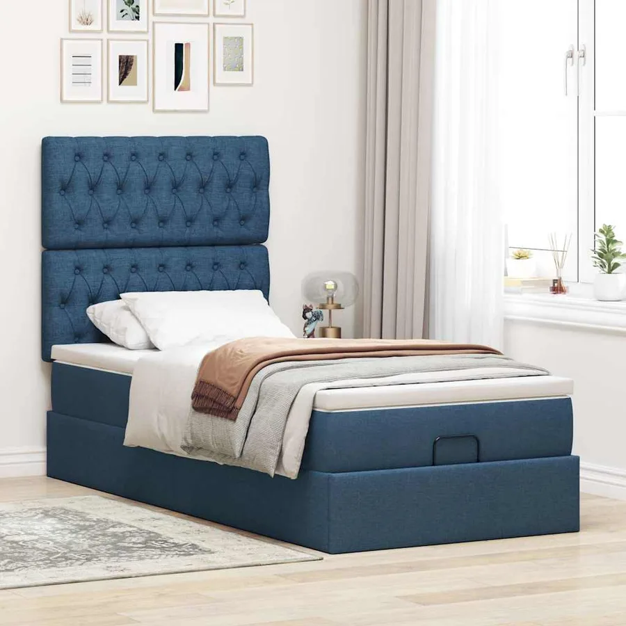 Cadre de lit ottoman avec matelas bleu 90x190 cm tissu - 4