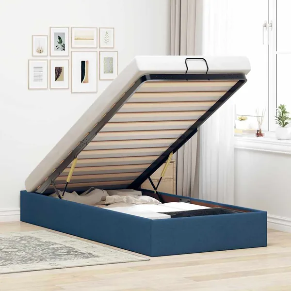 Cadre de lit ottoman sans matelas bleu 90x190 cm tissu