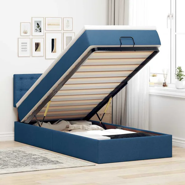 Cadre de lit ottoman avec matelas bleu 90x190 cm tissu