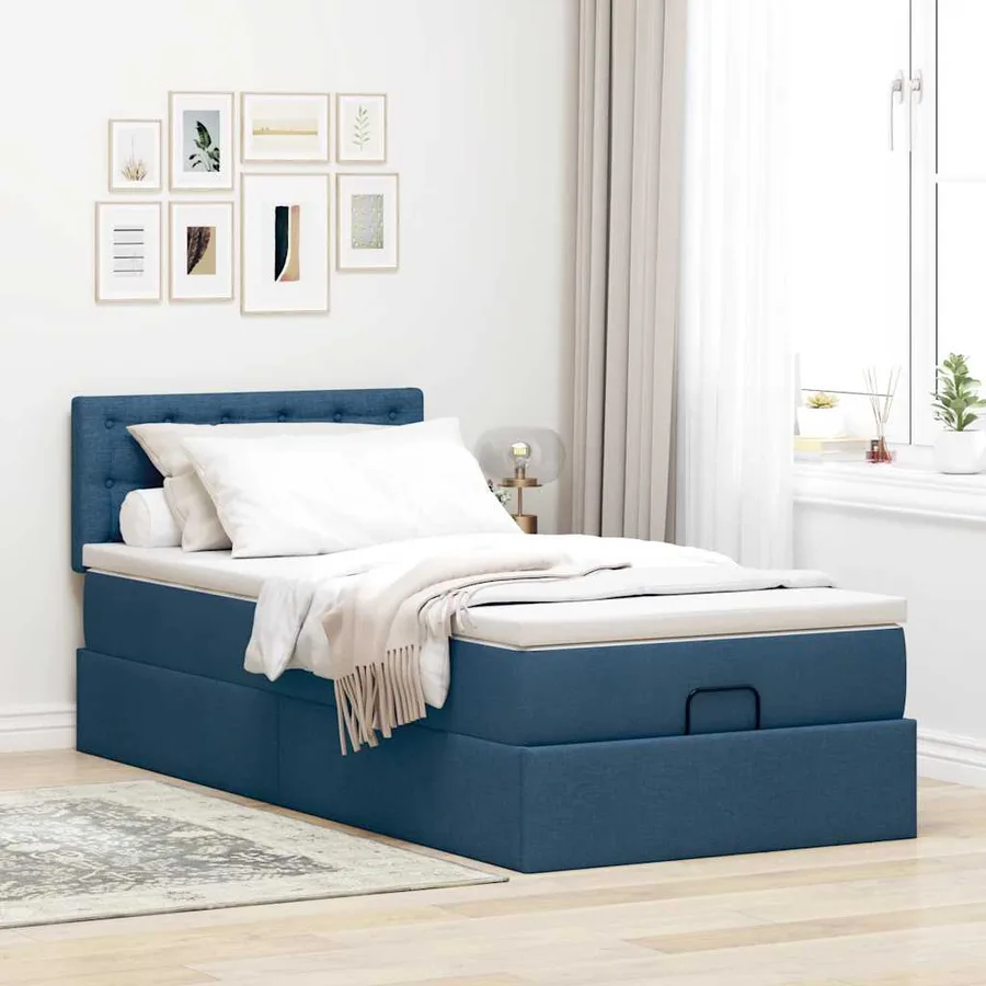 Cadre de lit ottoman avec matelas bleu 90x190 cm tissu - 3