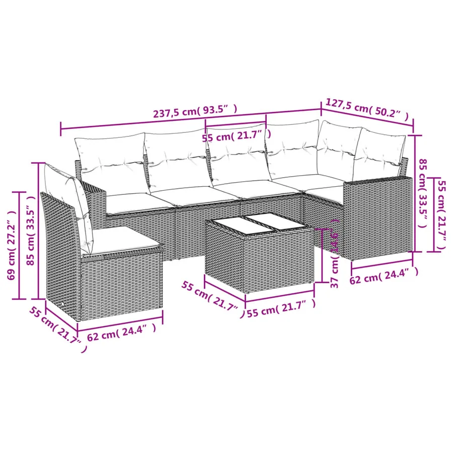 Salon de jardin avec coussins 7 pcs marron résine tressée - 3
