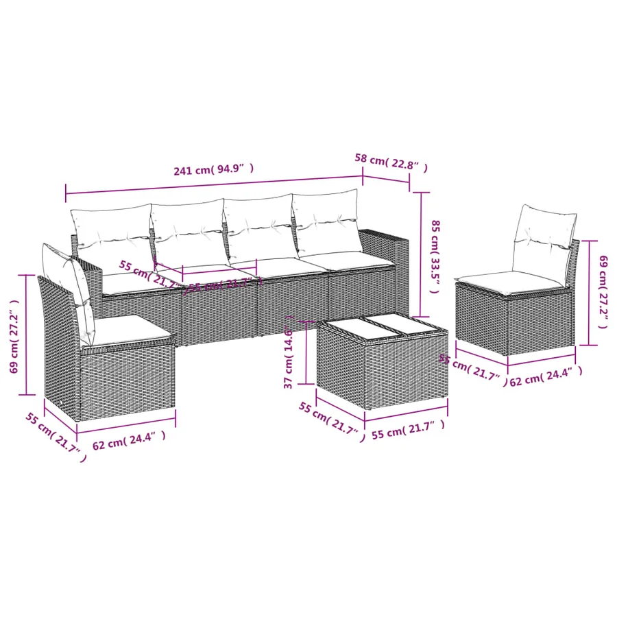 Salon de jardin avec coussins 7 pcs marron résine tressée - 3