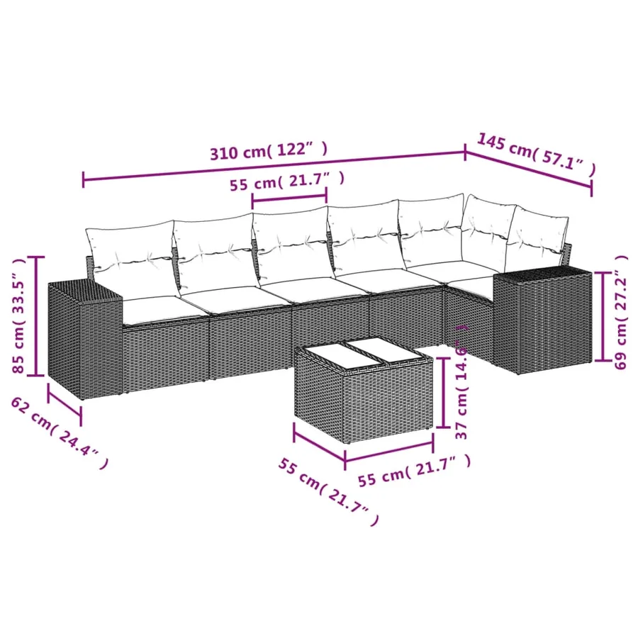 Salon de jardin avec coussins 7 pcs marron résine tressée - 3