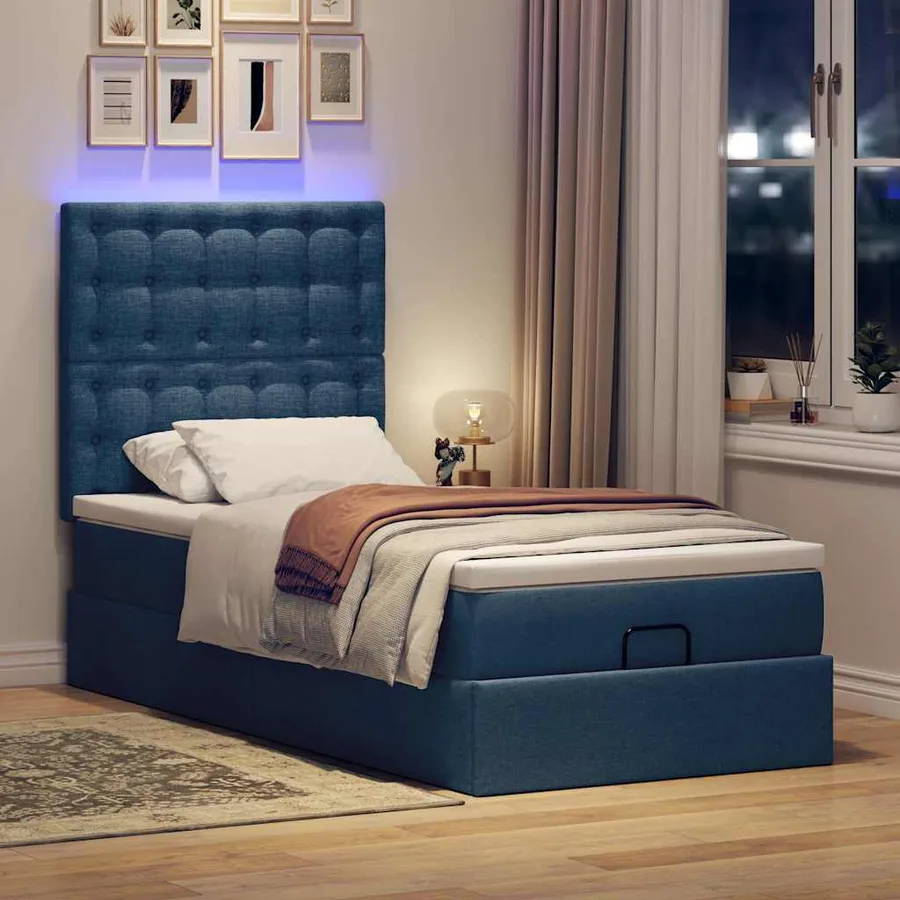Cadre de lit ottoman avec matelas bleu 80x200 cm tissu - 3