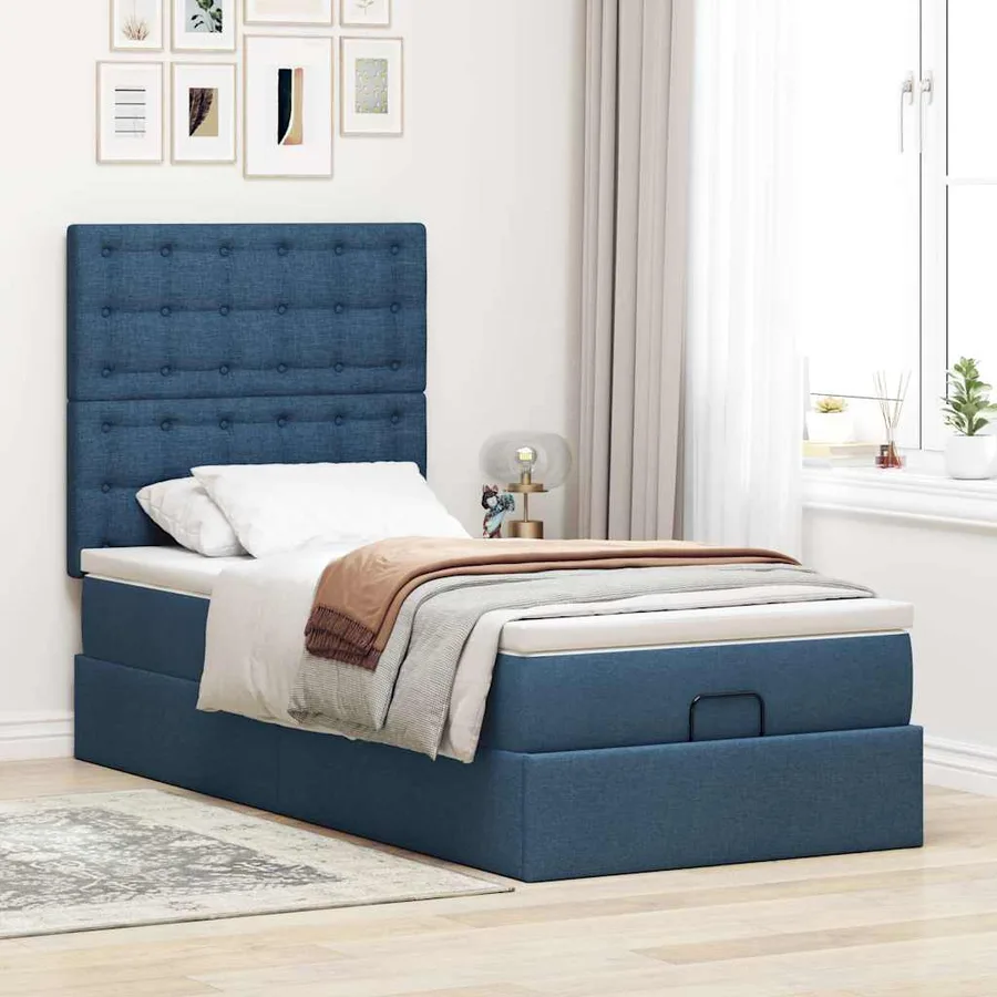 Cadre de lit ottoman avec matelas bleu 80x200 cm tissu - 6