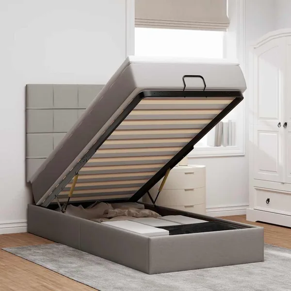 Cadre de lit ottoman avec matelas taupe 90x190 cm tissu