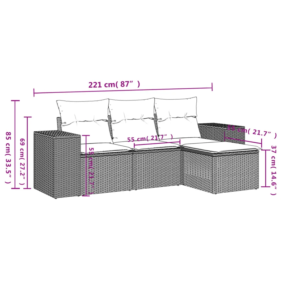 Salon de jardin 4 pcs avec coussins marron résine tressée - 8
