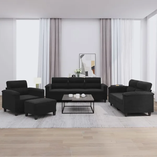 Ensemble de canapés 4 pcs avec coussins noir tissu microfibre