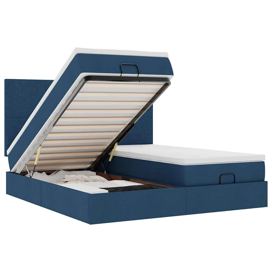 Cadre de lit ottoman avec matelas bleu 160x200 cm tissu - 2