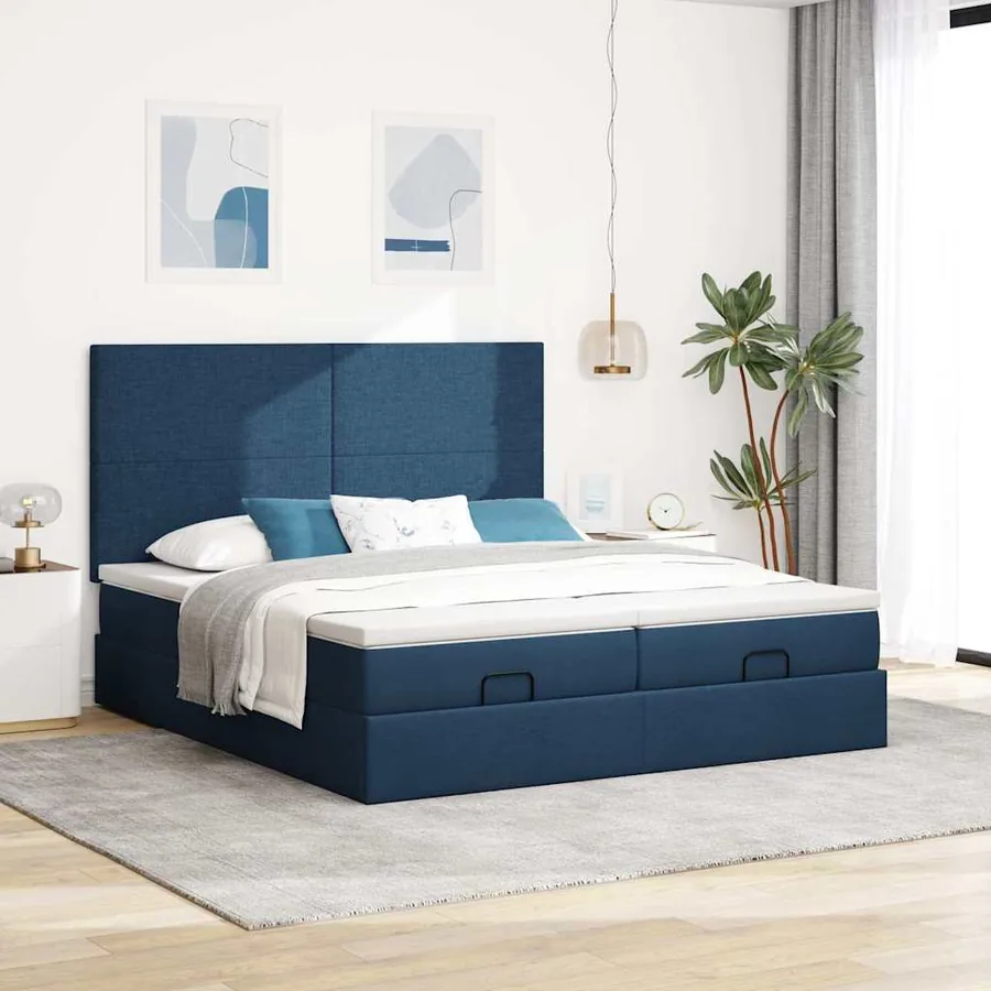 Cadre de lit ottoman avec matelas bleu 160x200 cm tissu - 4