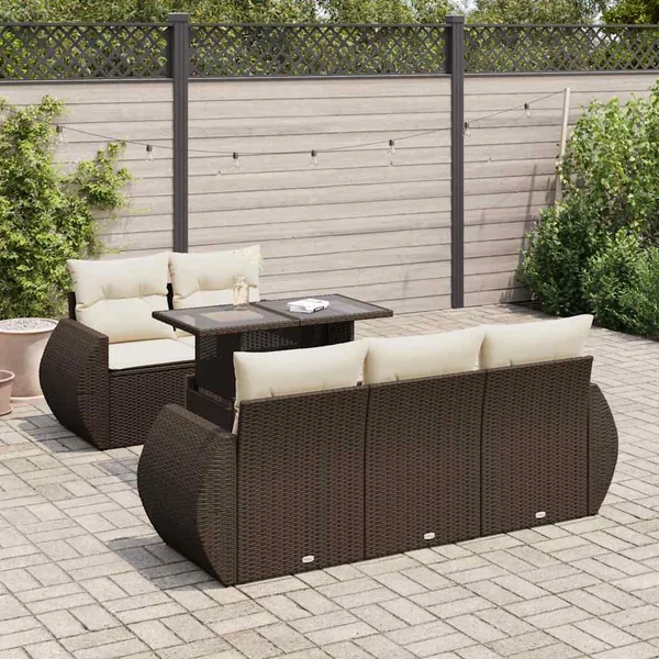 Salon de jardin avec coussins 6 pcs marron résine tressée