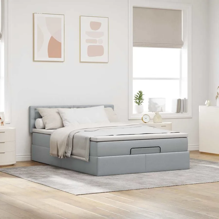 Cadre de lit ottoman et matelas gris clair 140x200 cm tissu - 3