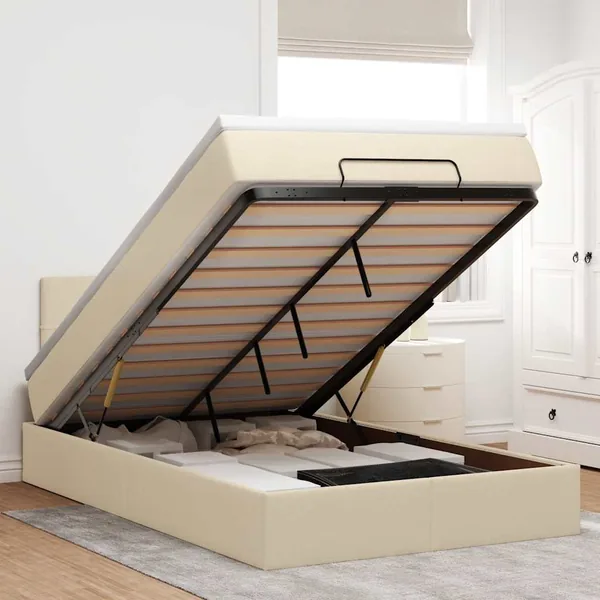 Lit ottoman avec matelas et LED crème 120x190 cm tissu