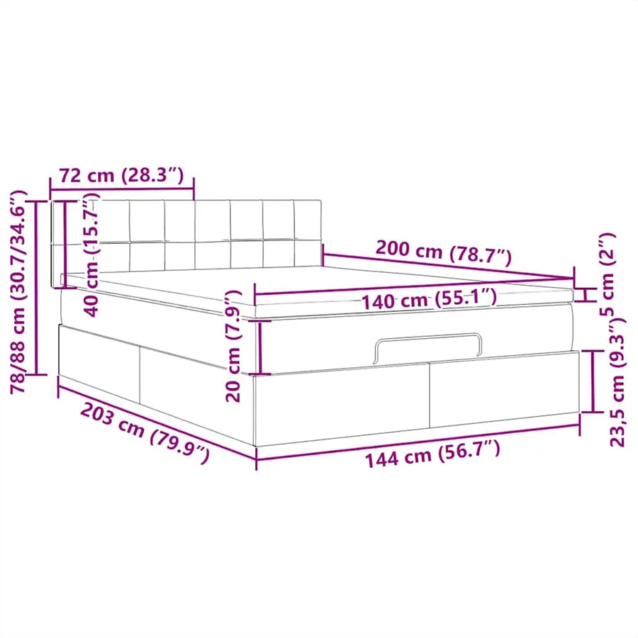 Cadre de lit ottoman avec matelas bleu 140x200 cm tissu - 18