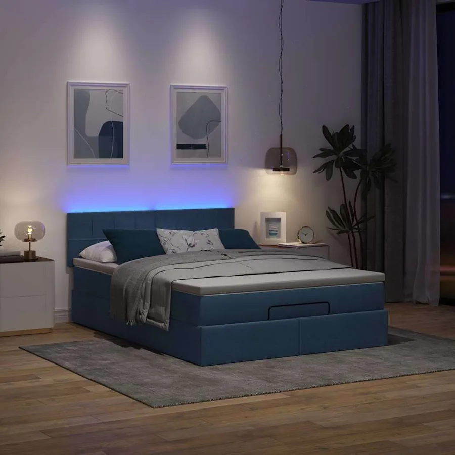 Cadre de lit ottoman avec matelas bleu 140x200 cm tissu - 3
