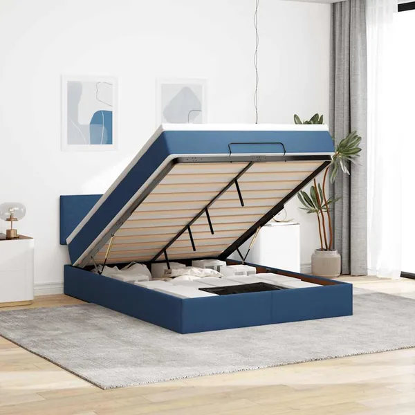 Cadre de lit ottoman avec matelas bleu 140x200 cm tissu