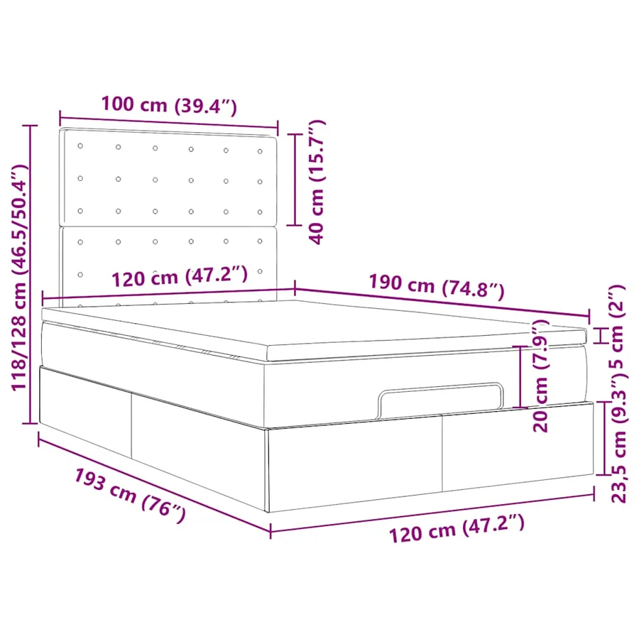 Cadre de lit ottoman avec matelas taupe 120x190 cm tissu - 18