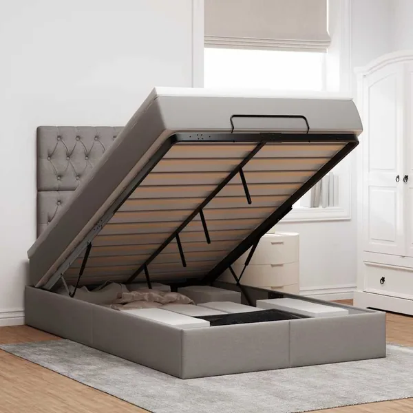 Cadre de lit ottoman avec matelas taupe 120x190 cm tissu