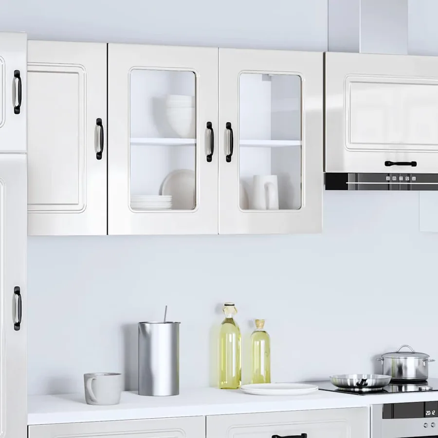 Armoire murale de cuisine avec porte vitrée "Kalmar" Bois d'ingénierie blanc brillant - 3