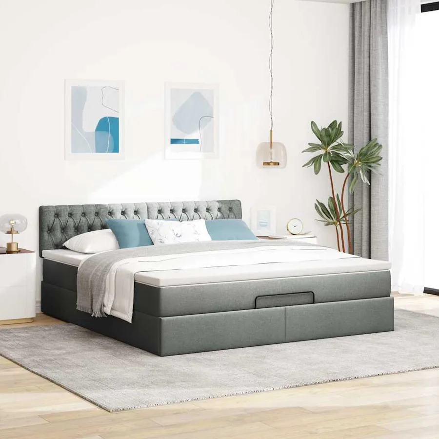 Cadre de lit ottoman avec matelas gris foncé 160x200cm tissu - 6